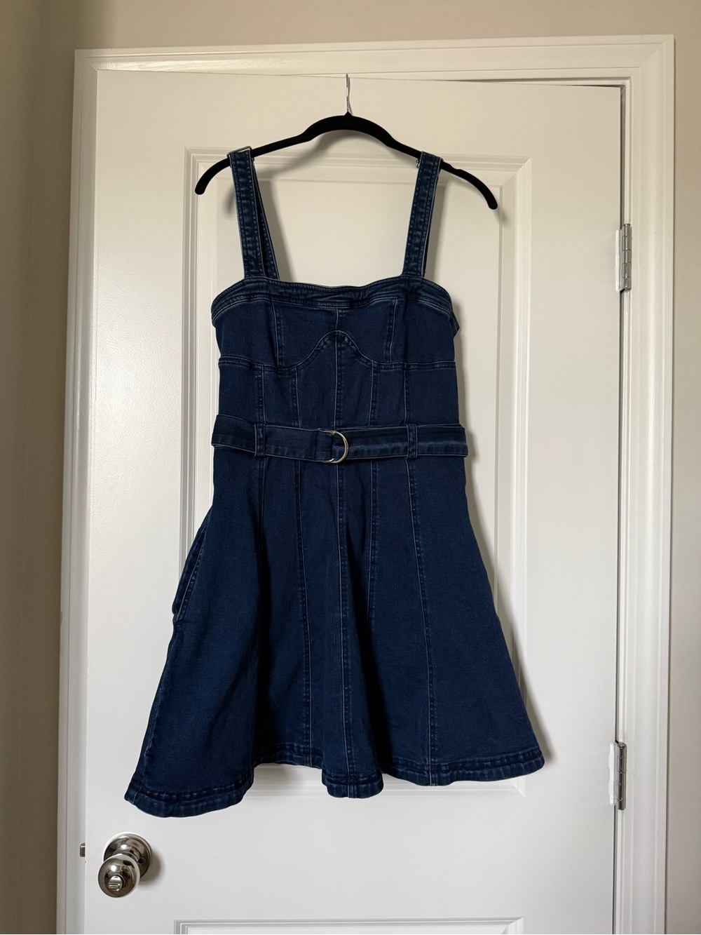 Free People Navy Denim Pinafore Mini Dress with D-Ring Belt